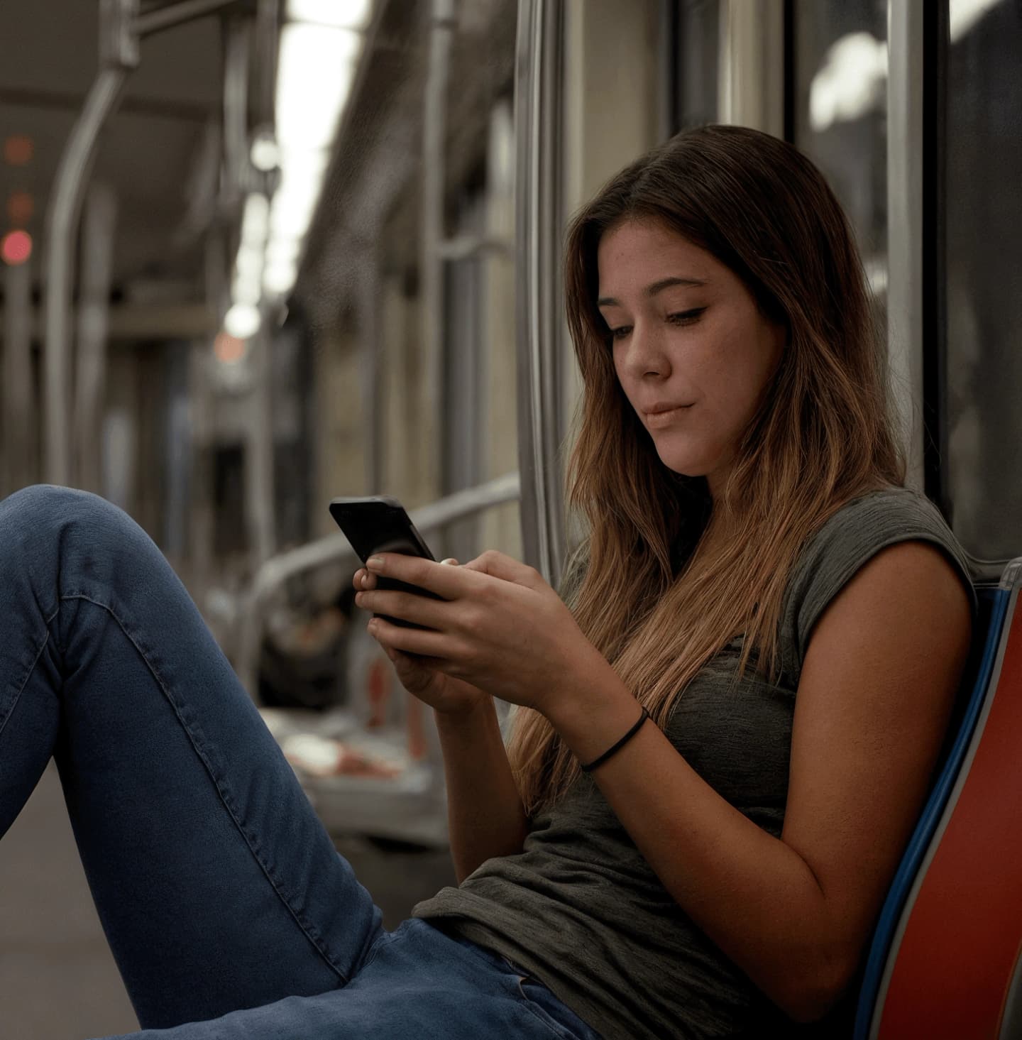 Cliente da Ativos navegando no celular no metro.